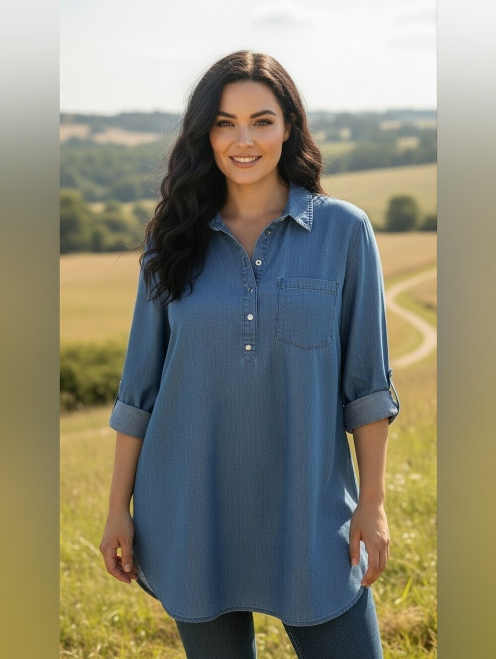 C'EST 1946 Casual Blue Lined Chambray Shirt - Relaxed Fit Pearl Snaps